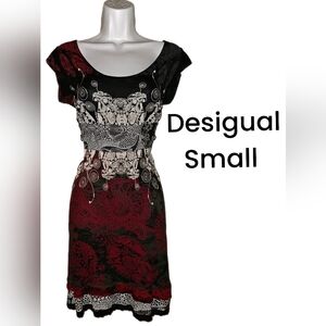 Desigual Red and Black Sheath Dress with Flutter Cap Sleeves